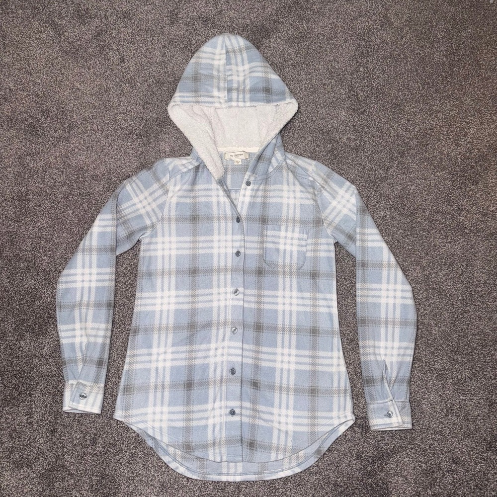 No Comment Fleece Blue & White Flannel Button-Down Hoodie - Size‎ Small